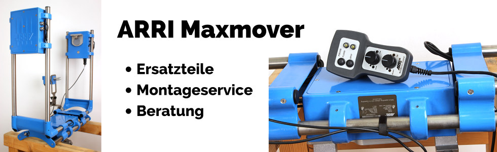 Bild eines ARRI Maxmovers mit Fernbedienung und Text zu den angebotenen Leistungen: Ersatzteile, Montageservice, Beratung