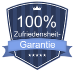 Blaues Garantie-Siegel mit Aufschrift „100 % Zufriedenheitsgarantie“ und fünf Sternen