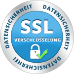 Symbol für SSL-Verschlüsselung mit Schloss und Häkchen, umgeben von dem Schriftzug „Datensicherheit“