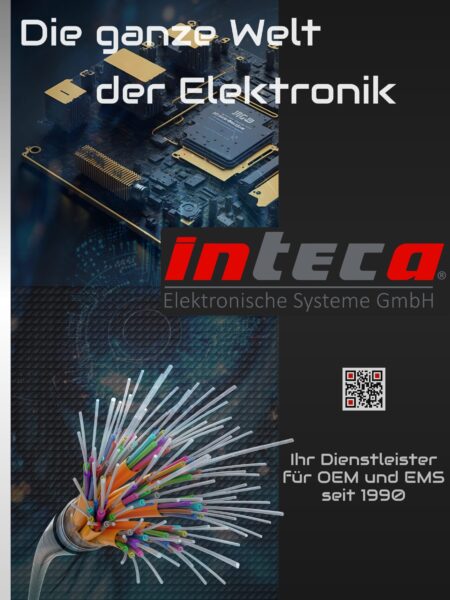 Grafik mit dem Schriftzug „Die ganze Welt der Elektronik“ und dem Firmenlogo „Inteca Elektronische Systeme GmbH“. Darunter ein stilisiertes Kabelbündel mit farbigen Leitungen und der Text: „Ihr Dienstleister für OEM und EMS seit 1990“.